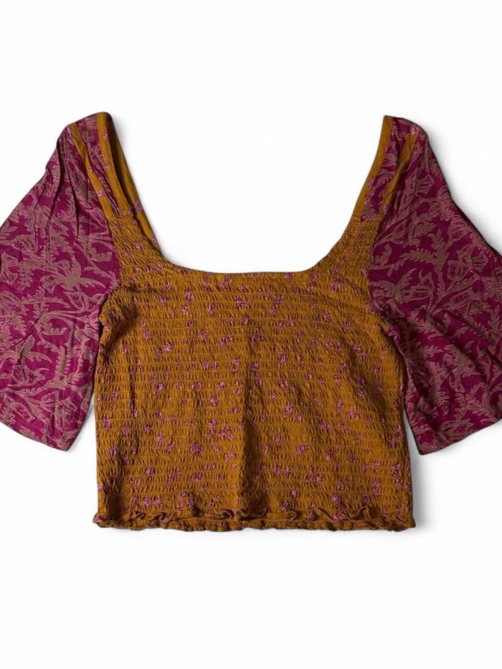 Free People Mustard-Gold Smocked Crop Top with Magenta Puff Sleeves